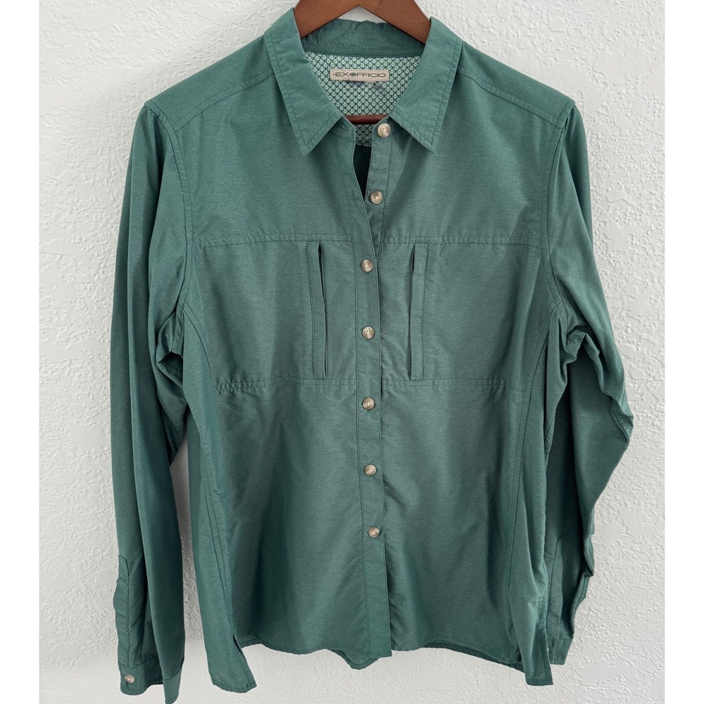 ExOfficio Dryflylite Vented Long Sleeve Button Up Women's Large Green Fishing